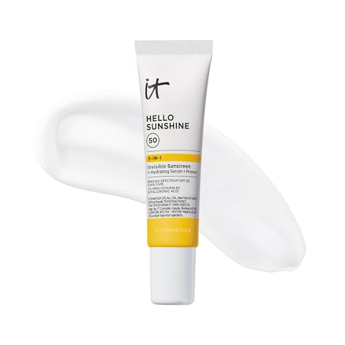It Cosmetics Hello Sunshine Invisible Sunscreen for Face Spf 50 - Sunscreen, Hydrating Serum & Makeup Primer - 1% Pro-Vitamin B5 & Hyaluronic Acid - Hsa/fsa Eligible - No White Cast - 0.5 Fl Oz