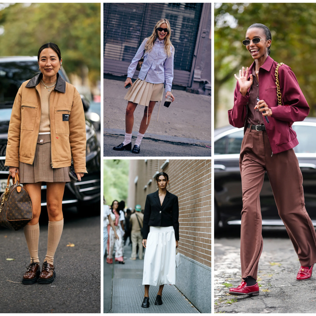 a collage of four women at fashion week wearing loafer outfits