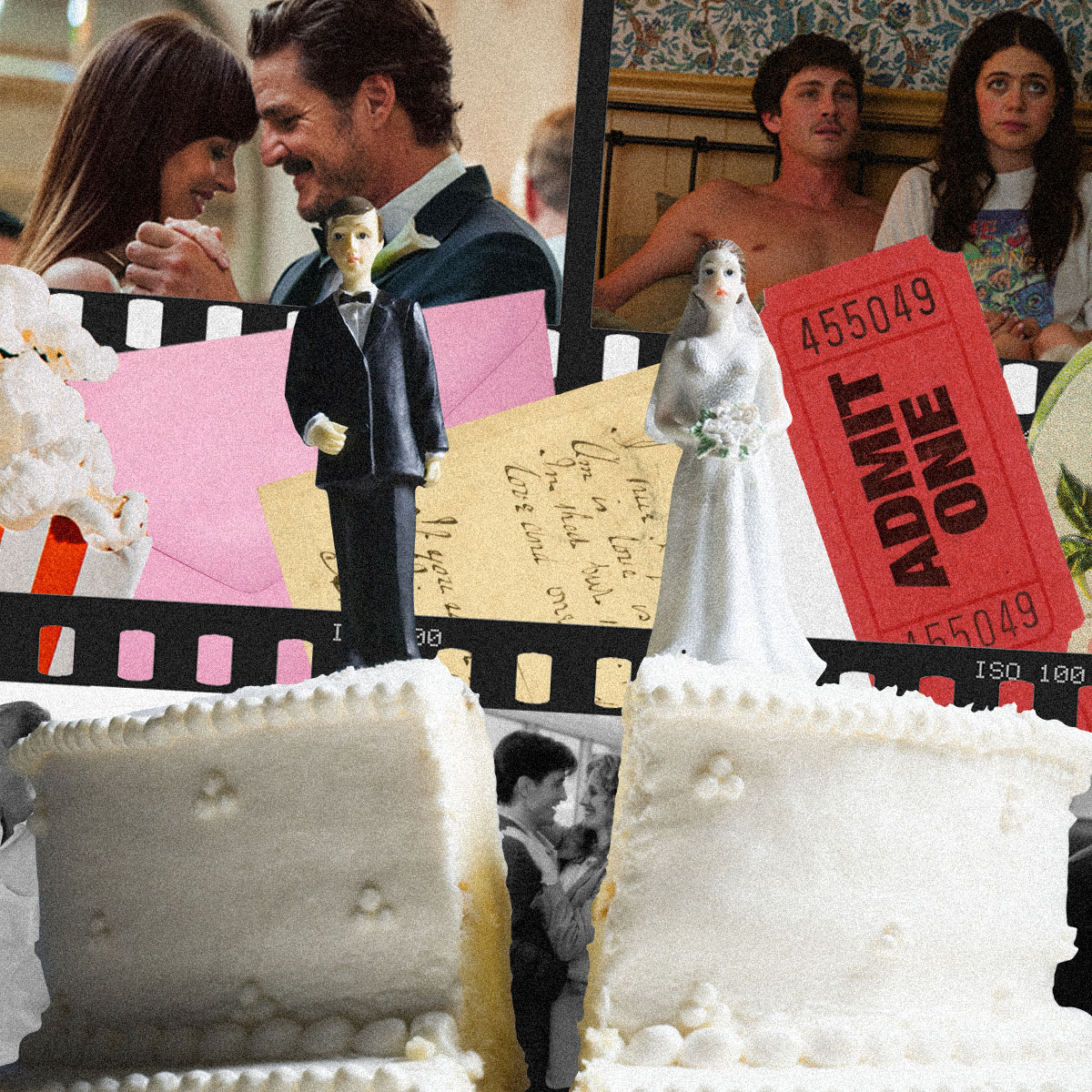 a split wedding cake against a background collage with different rom coms in film strips