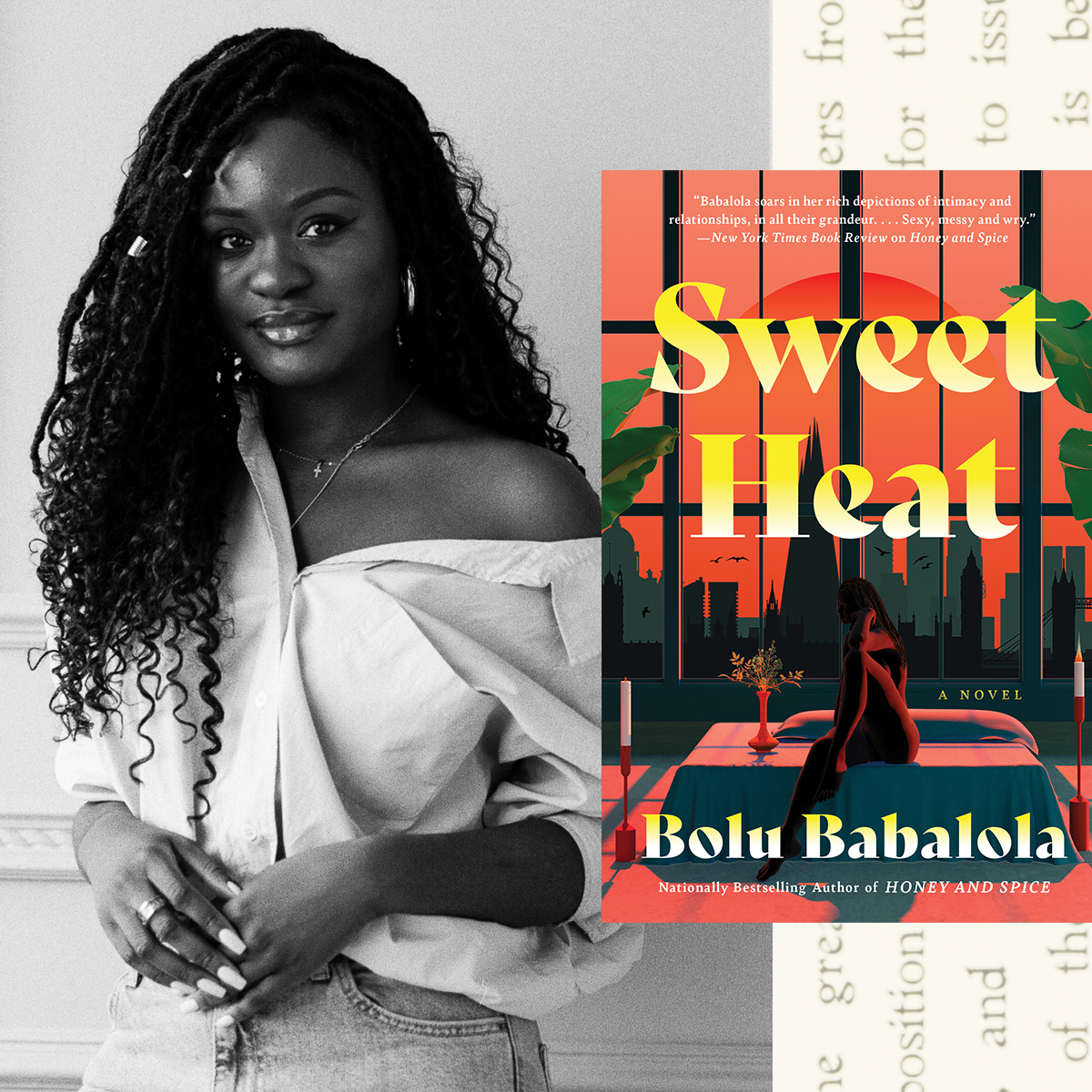 a black and white headshot of author bolu babalola next to the cover of her new romance novel sweet heat
