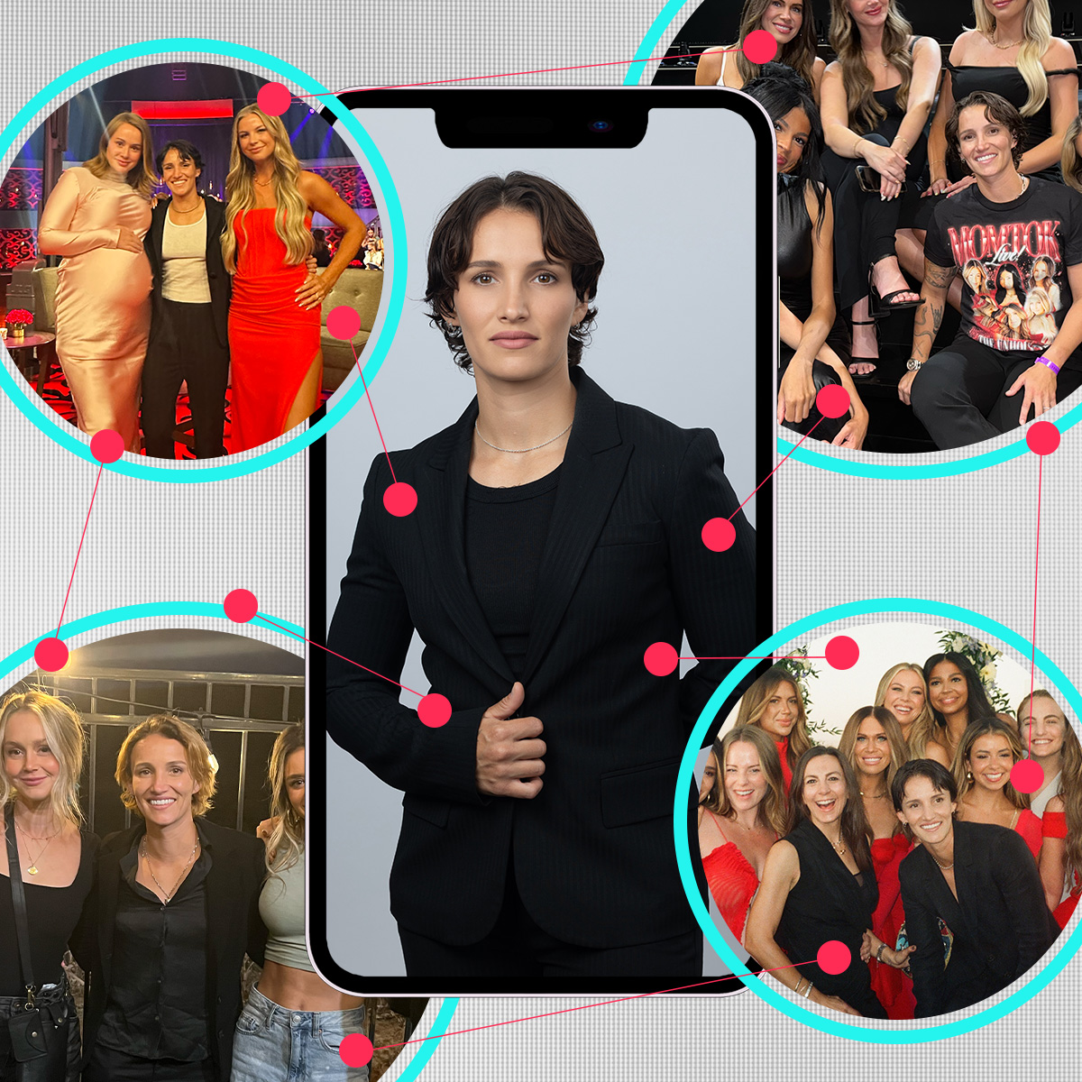 danielle pistotnik headshot within an iphone frame surrounded by circular images of the mormon wives with pink lines and circles connecting