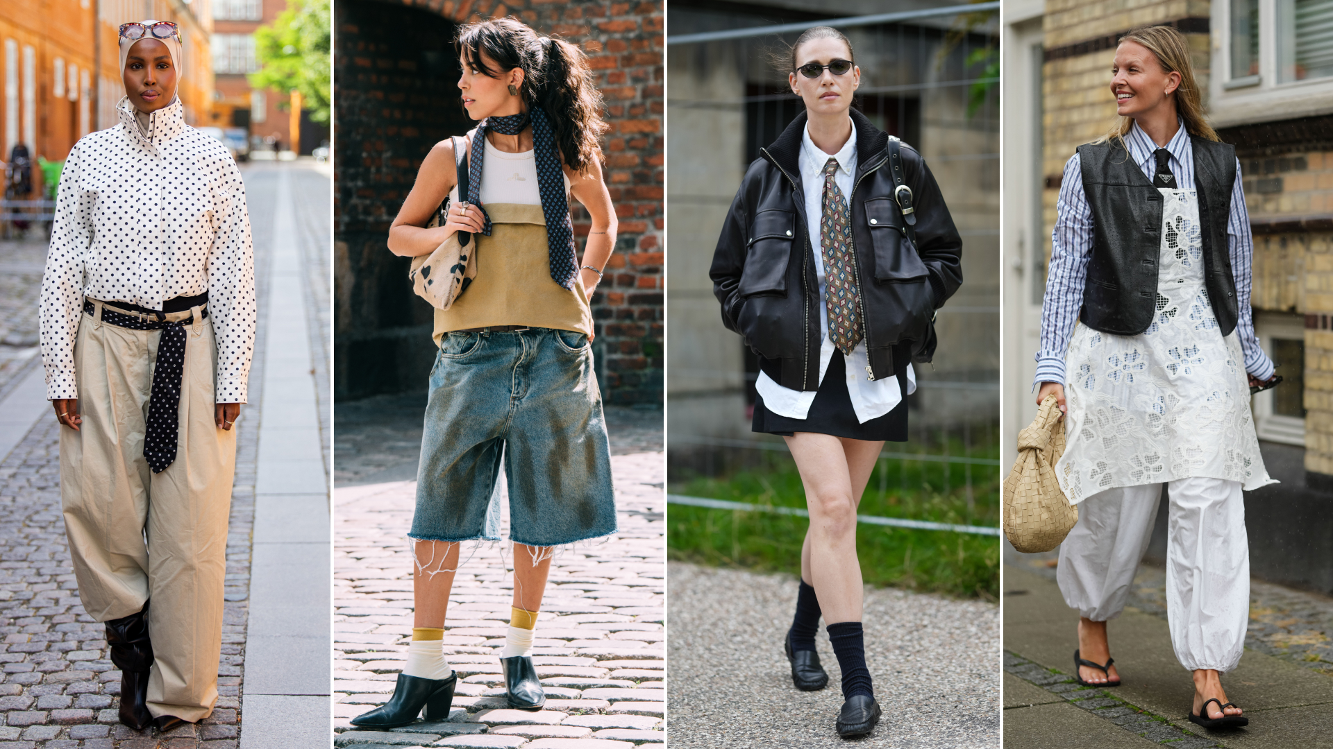 four women at Copenhagen Fashion Week wearing vintage ties in unique ways