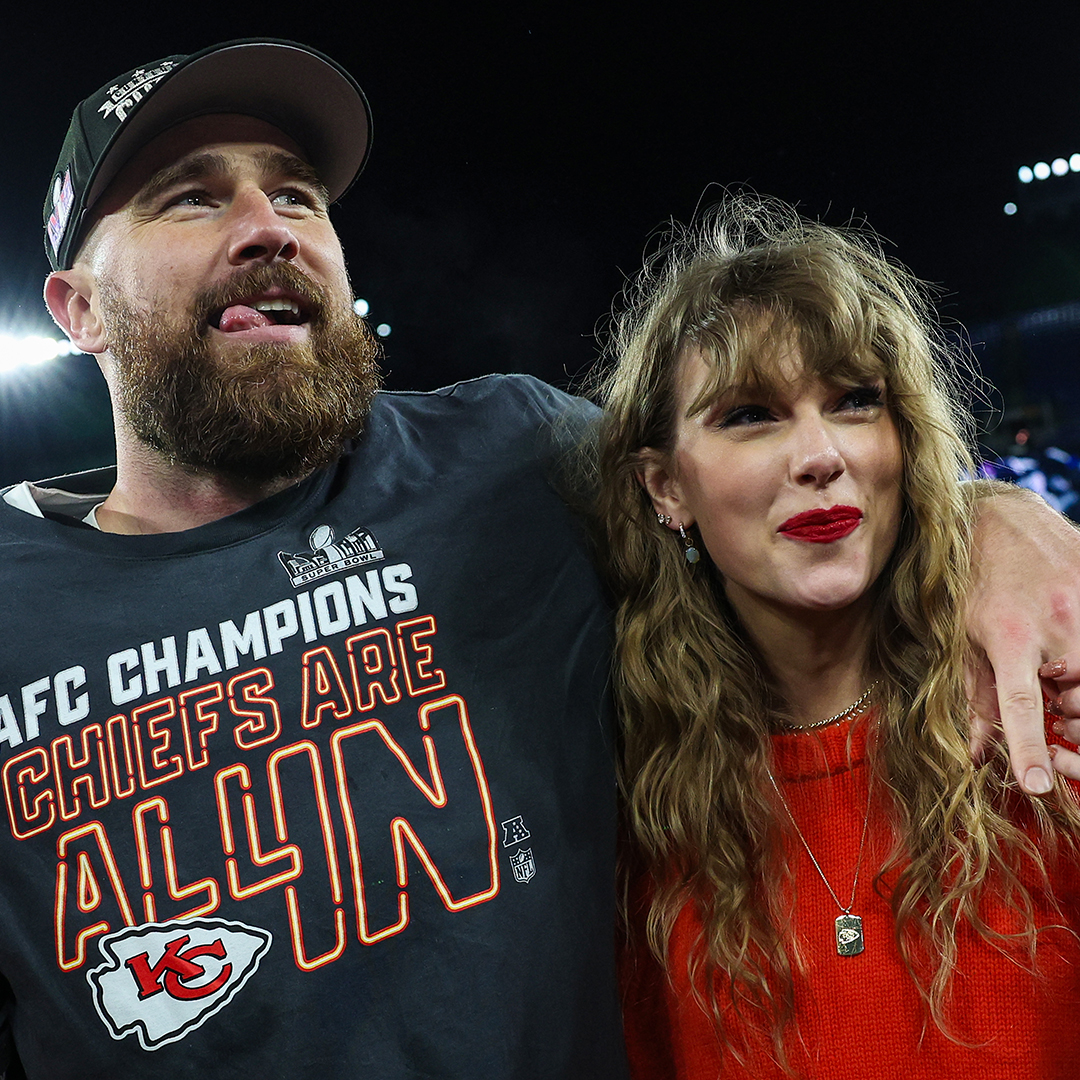 BALTIMORE, MARYLAND - JANUARY 28: Travis Kelce #87 of the Kansas City Chiefs (L) celebrates with Taylor Swift after defeating the Baltimore Ravens in the AFC Championship Game at M&T Bank Stadium on January 28, 2024 in Baltimore, Maryland. (Photo by Patrick Smith/Getty Images)