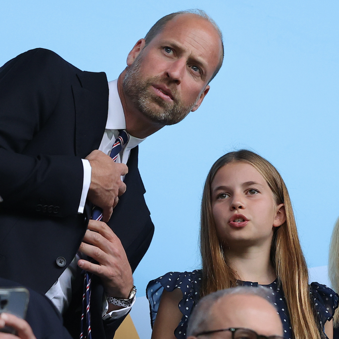 Prince William wears a suit and watches the Lionesses play against Spain alongside daughter Princess Charlotte
