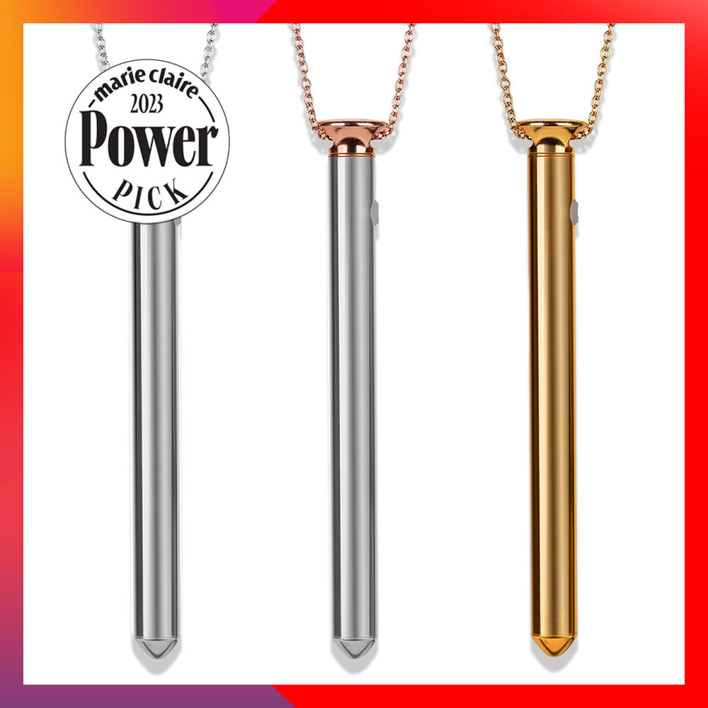 collage of Crave Vesper Vibrators Necklaces in rose gold, silver, and yellow gold