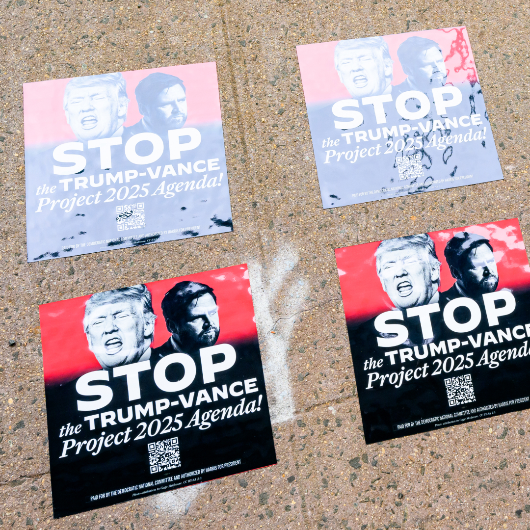 signs showing Project 2025 posters on the ground