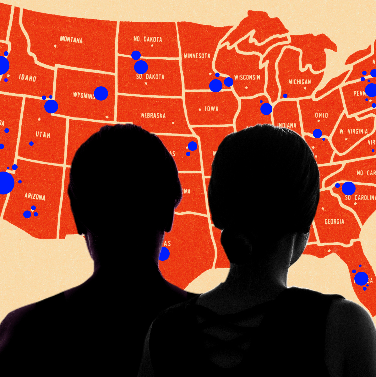 Silhouette of two women against the backdrop of a map.