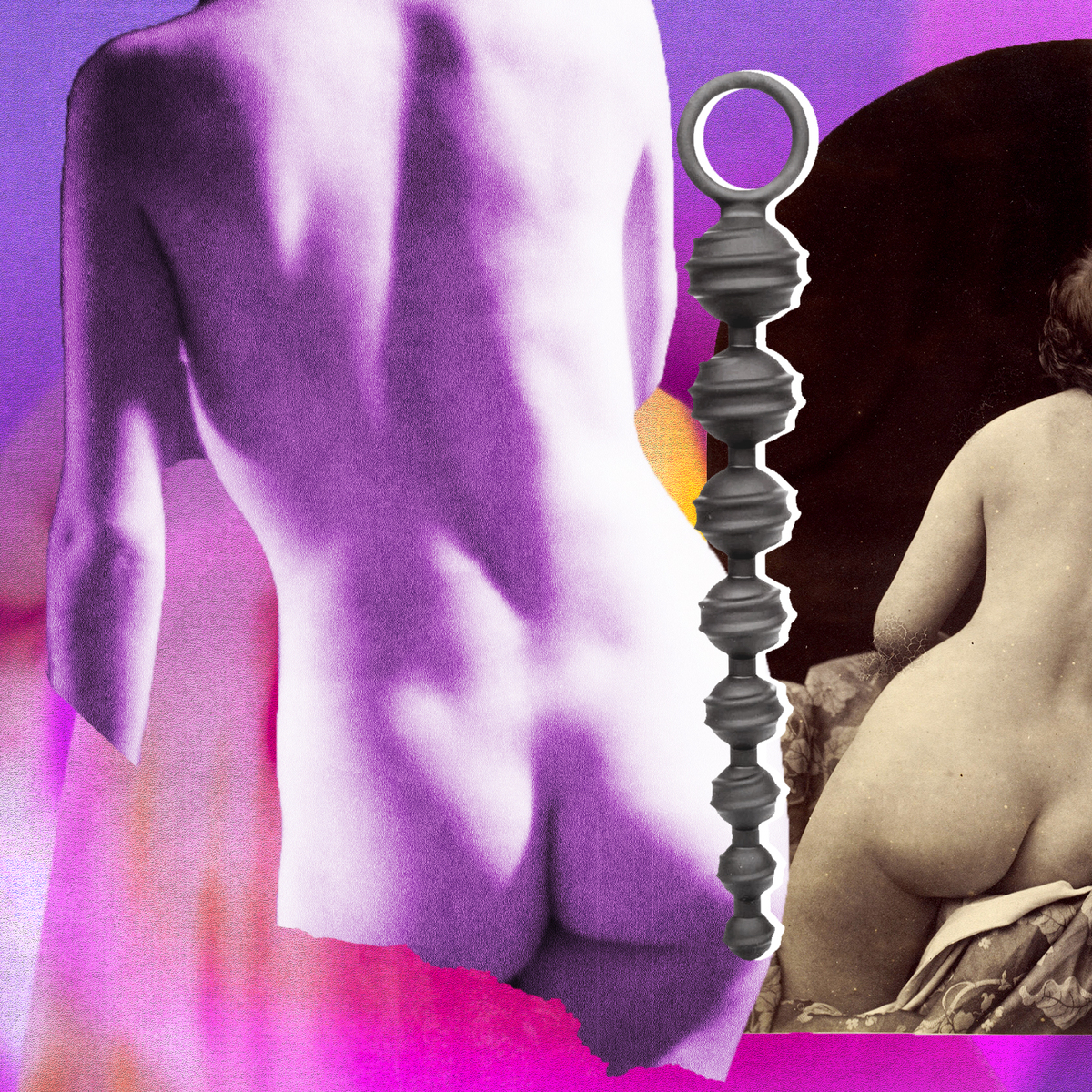 collage of female form with anal bead vibrator