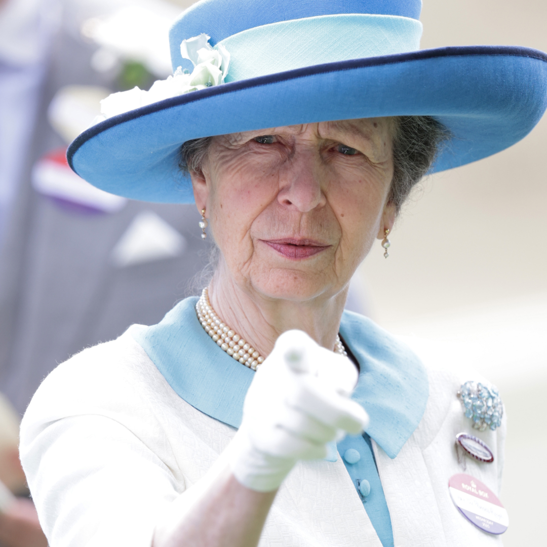 Princess Anne wears a turquoise and white outfit and points at the camera, and in another photos she wears a green tweed jacket and a navy hat