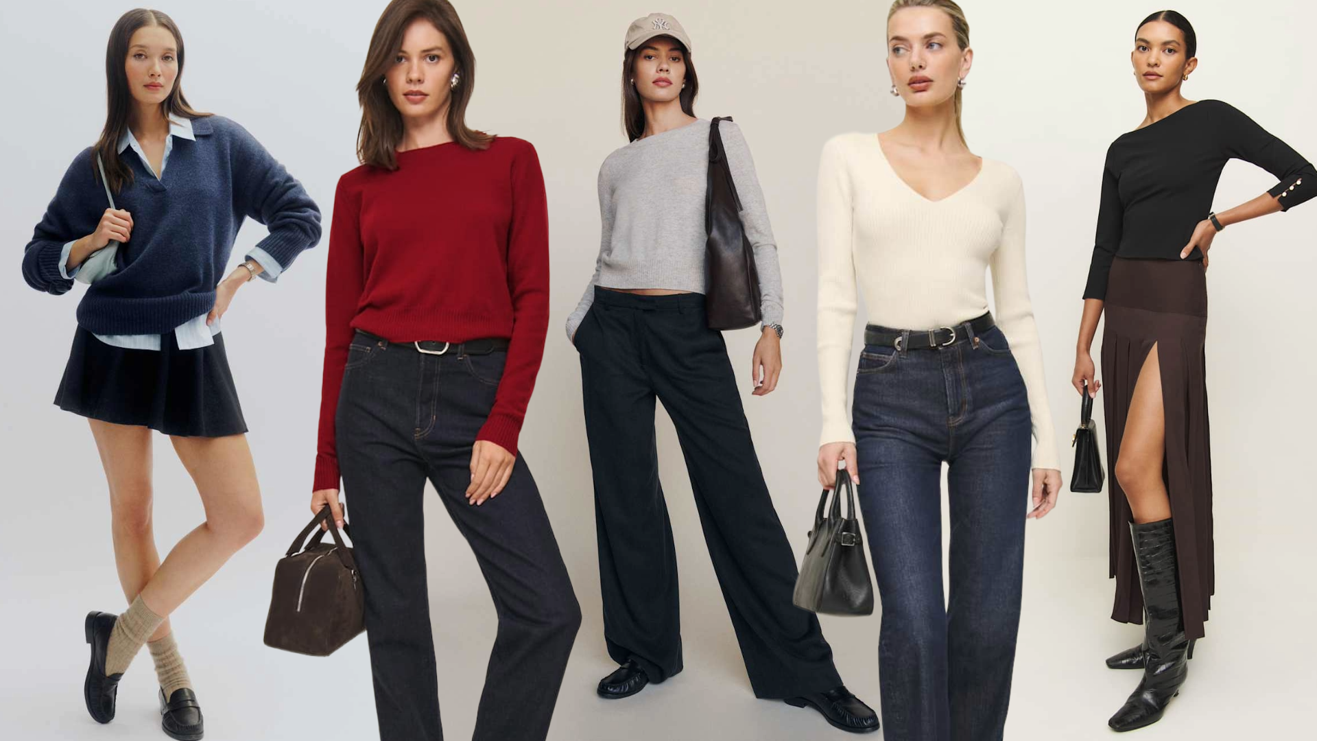 Split image collage of models wearing reformation fall outfits 