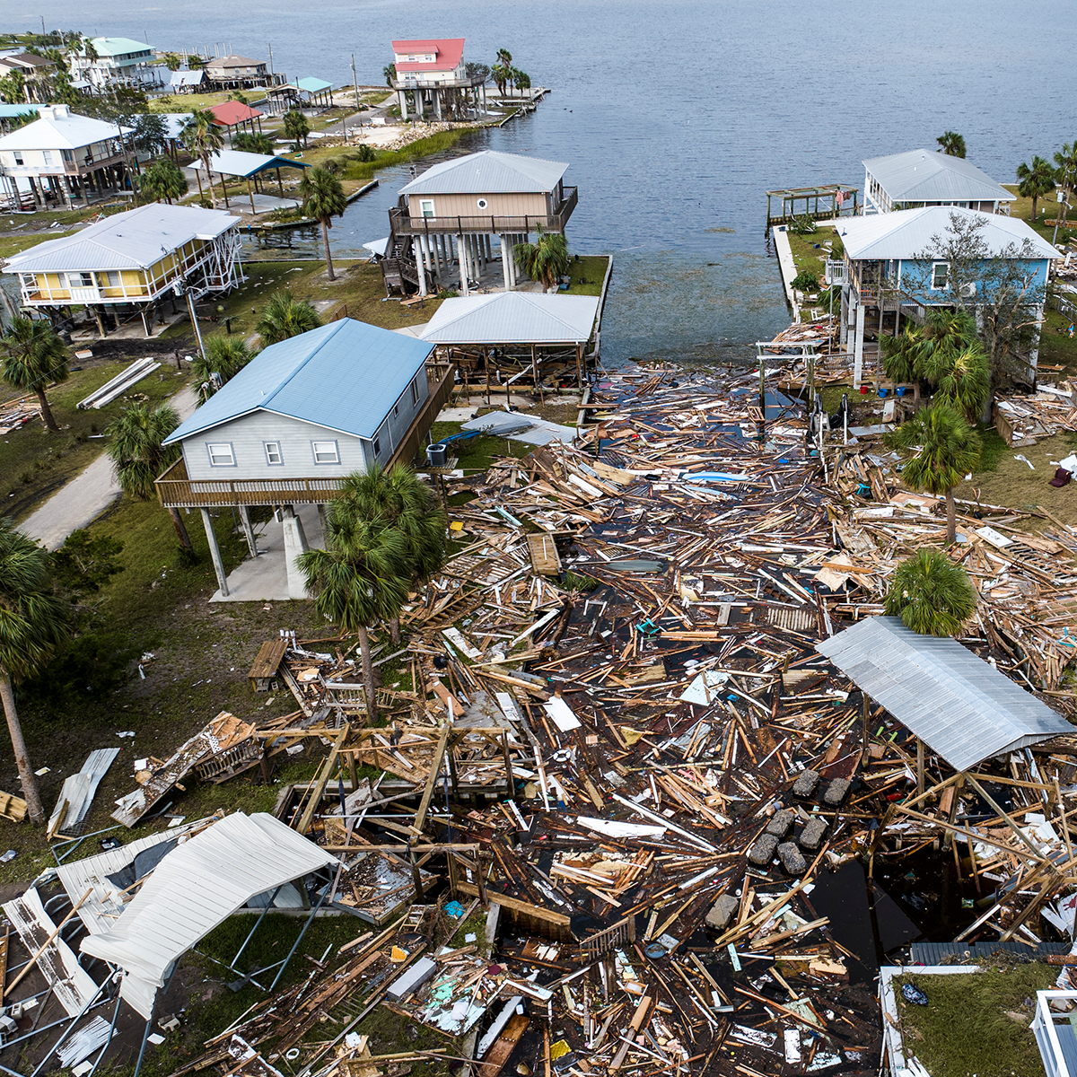 An aerial view of damaged houses are seen after Hurricane Helene made landfall in Horseshoe Beach, Florida, on September 28, 2024.